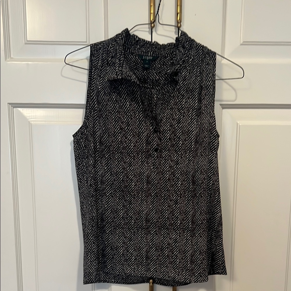 J. Crew Black and Gray Ruffled Mandarin Collar Blouse